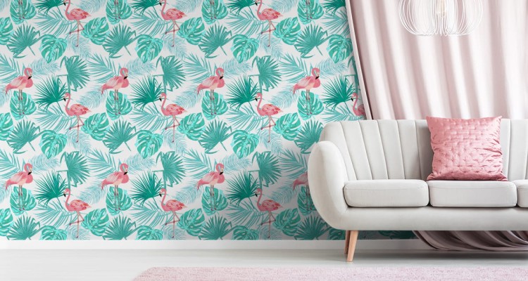 Tapeta Liście Tropikalne Flamingi