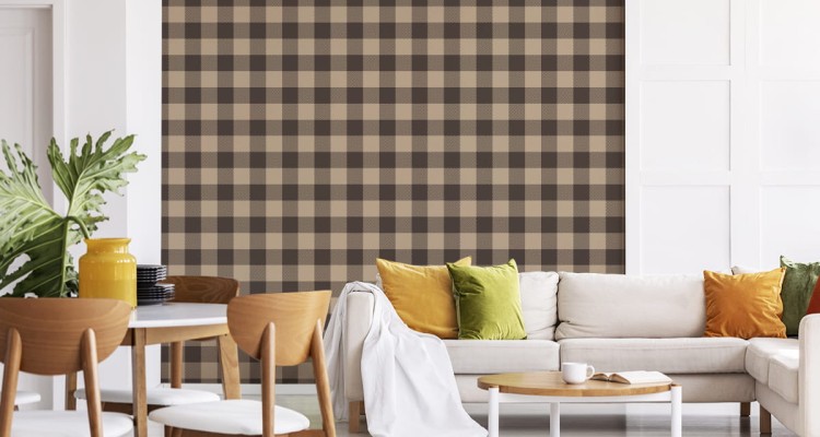 Tapeta Modna Brązowo - Beżowa Krata W Stylu Vintage