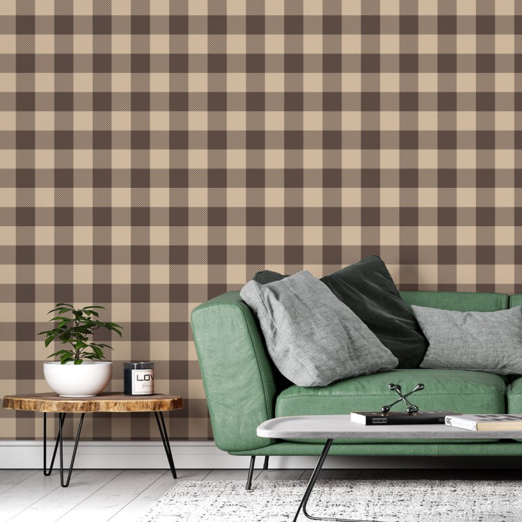 Tapeta Modna Brązowo - Beżowa Krata W Stylu Vintage