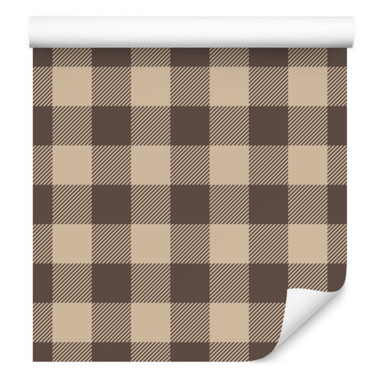 Tapeta Modna Brązowo - Beżowa Krata W Stylu Vintage
