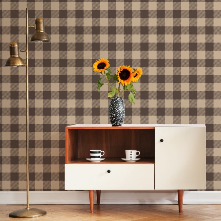 Tapeta Modna Brązowo - Beżowa Krata W Stylu Vintage
