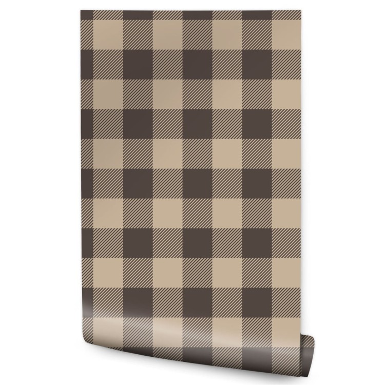 Tapeta Modna Brązowo - Beżowa Krata W Stylu Vintage
