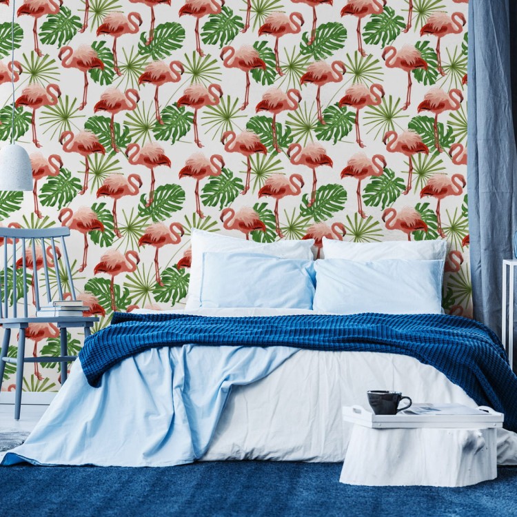 Tapeta We Flamingi Liście Zieleń Natura, Sypialnia