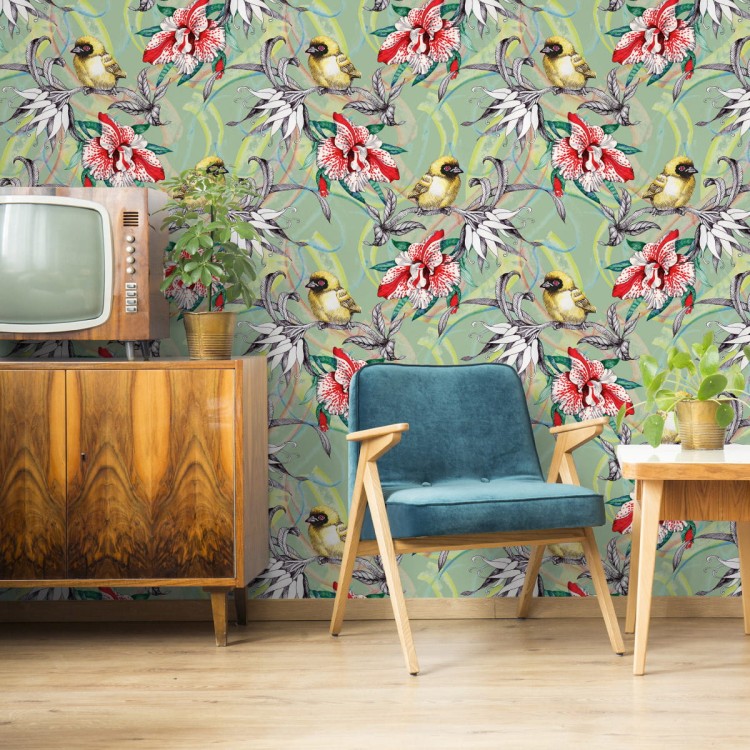 Tapeta – Kolorowe Ptaki Wśród Kwiatów