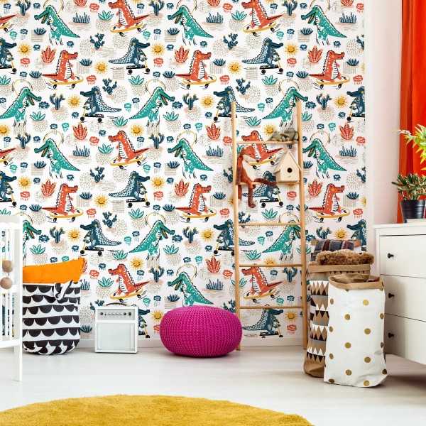 Tapeta Dla Dzieci, Krokodyle, Kwiaty, Deskorolki