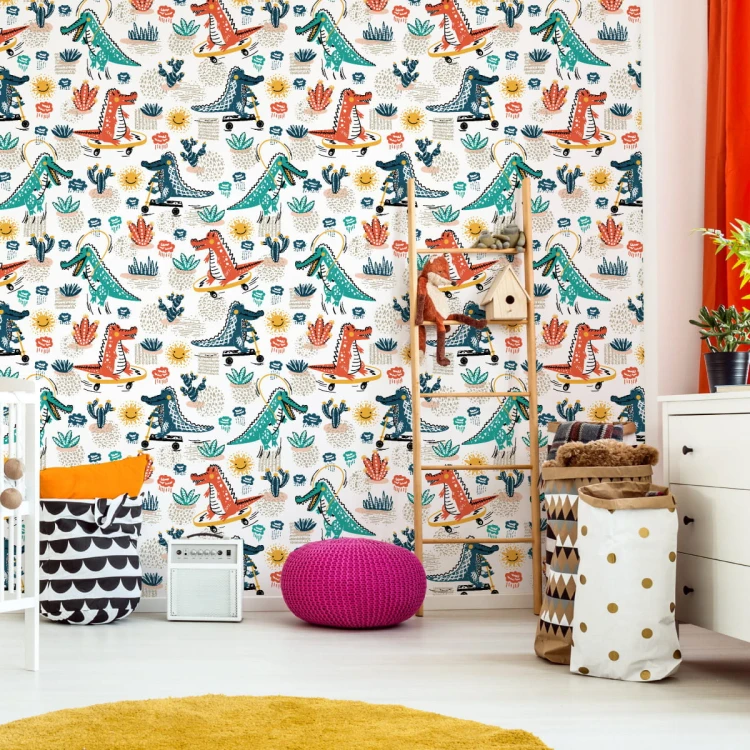 Tapeta Dla Dzieci, Krokodyle, Kwiaty, Deskorolki