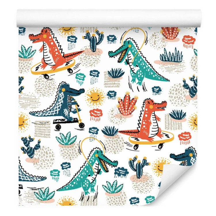 Tapeta Dla Dzieci, Krokodyle, Kwiaty, Deskorolki