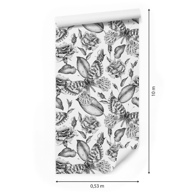 Tapeta Czarno-Białe Róże Z Motylami