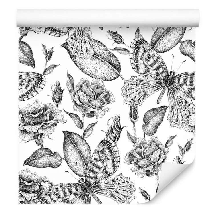 Tapeta Czarno-Białe Róże Z Motylami