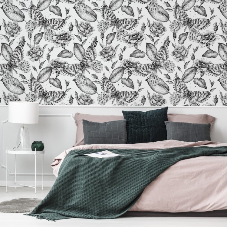 Tapeta Czarno-Białe Róże Z Motylami