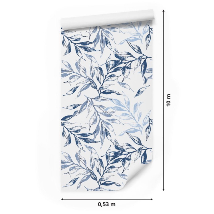 Tapeta Do Salonu Delikatne Niebieskie Liście Dekor