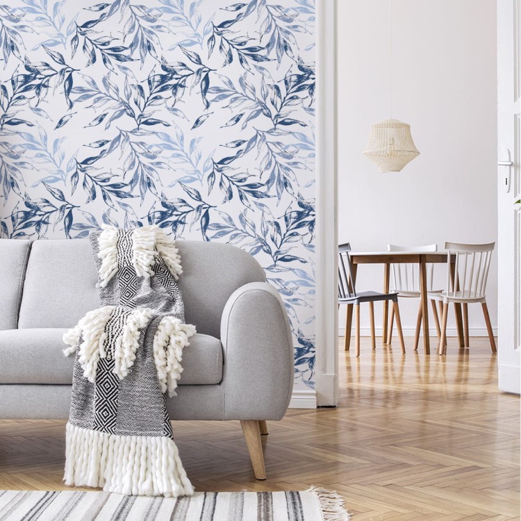 Tapeta Do Salonu Delikatne Niebieskie Liście Dekor
