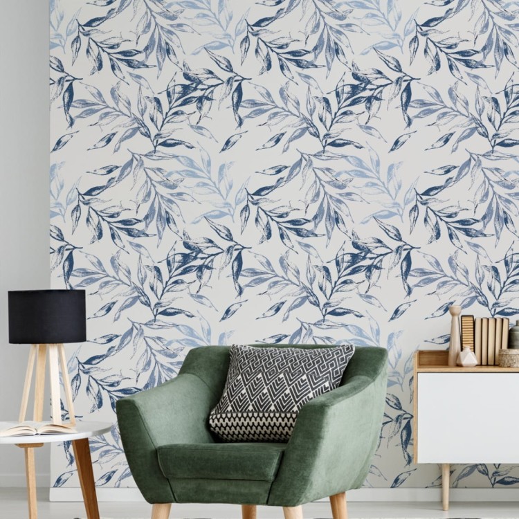 Tapeta Do Salonu Delikatne Niebieskie Liście Dekor