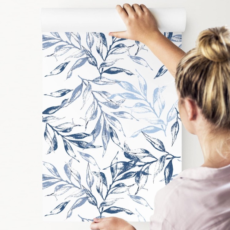 Tapeta Do Salonu Delikatne Niebieskie Liście Dekor