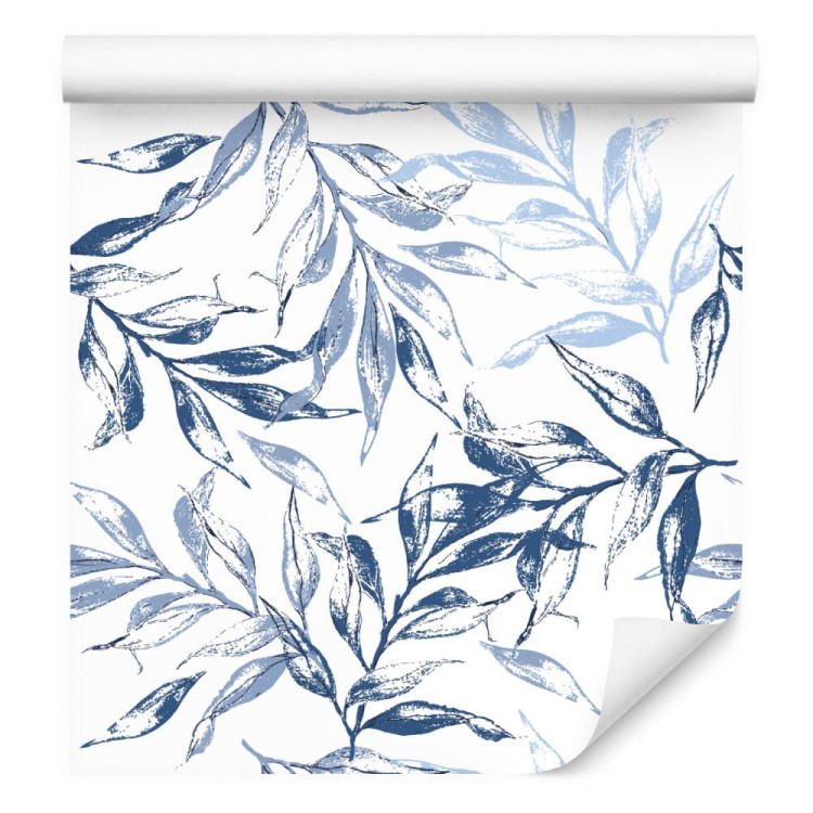 Tapeta Do Salonu Delikatne Niebieskie Liście Dekor