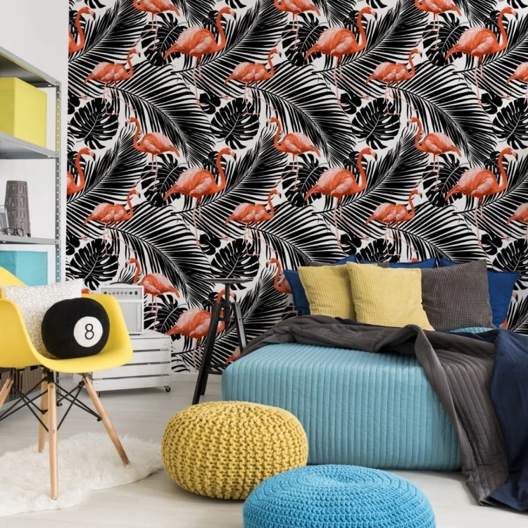 Tapeta Flamingi I Czarne Egzotyczne Liście