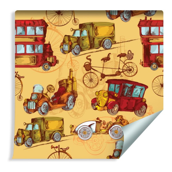 Tapeta Dla Dzieci-Starodawne Samochody I Rowery W Stylu Vintage