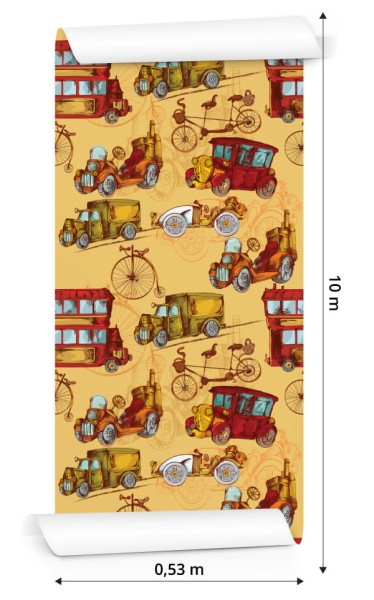 Tapeta Dla Dzieci-Starodawne Samochody I Rowery W Stylu Vintage