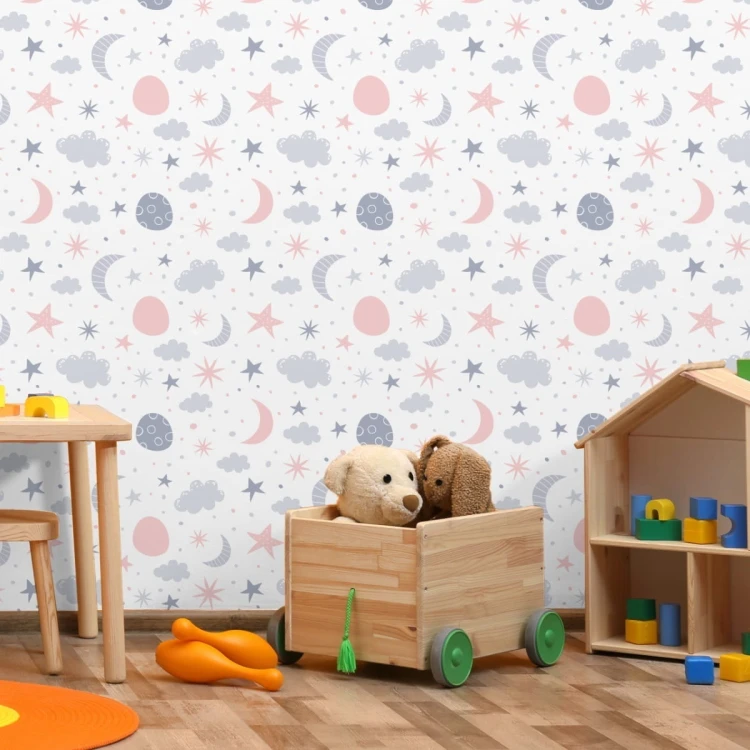 Tapeta Dla Dzieci - Gwiazdki, Chmurki I Księżyce W Stylu Skandynawskim