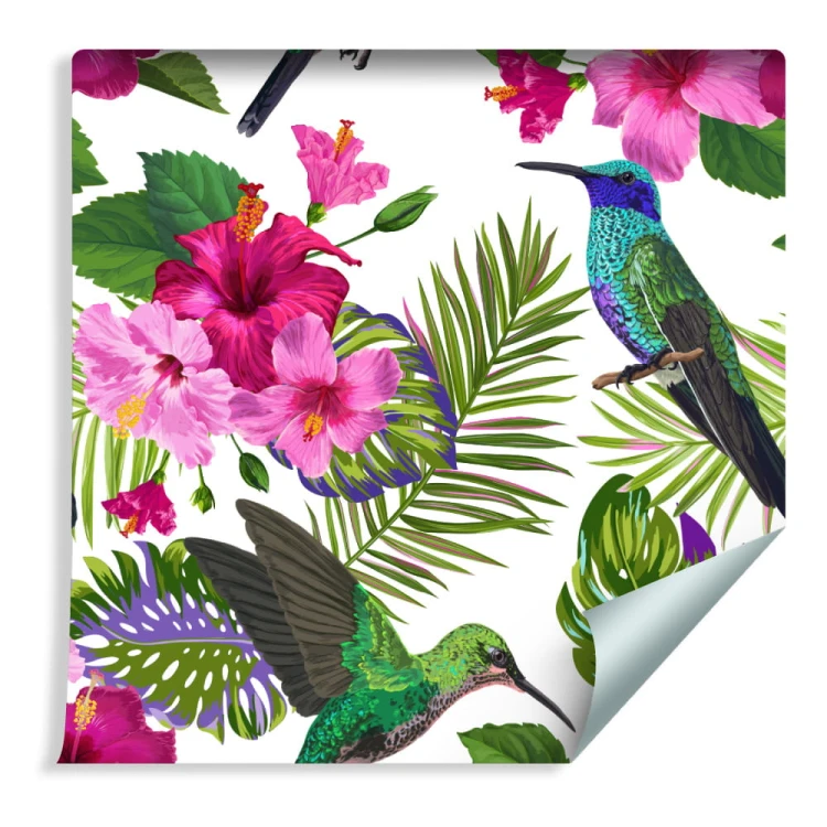 Tapeta Tropikalna - Kolorowe Kolibry, Liście I Kwiaty