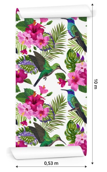 Tapeta Tropikalna - Kolorowe Kolibry, Liście I Kwiaty
