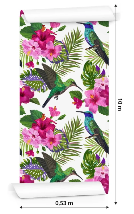 Tapeta Tropikalna - Kolorowe Kolibry, Liście I Kwiaty