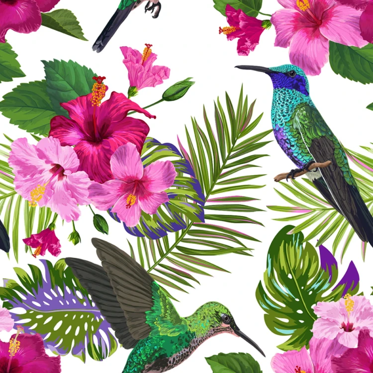 Tapeta Tropikalna - Kolorowe Kolibry, Liście I Kwiaty