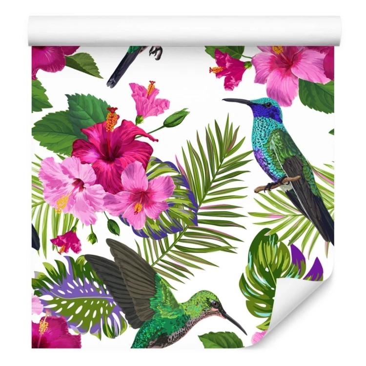 Tapeta Tropikalna - Kolorowe Kolibry, Liście I Kwiaty