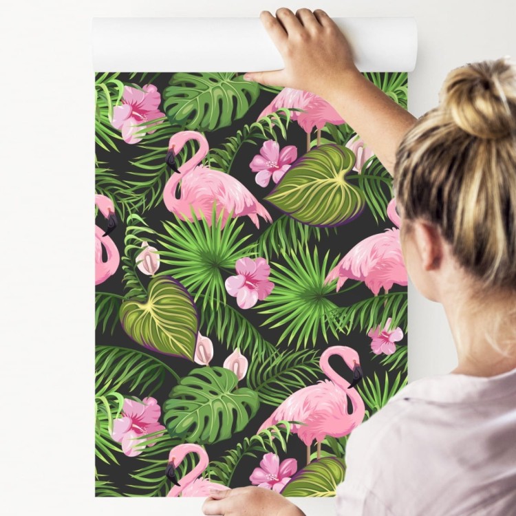 Tapeta Tropikalna - Flamingi, Liście I Kwiaty