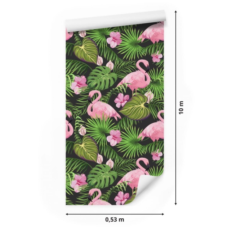Tapeta Tropikalna - Flamingi, Liście I Kwiaty