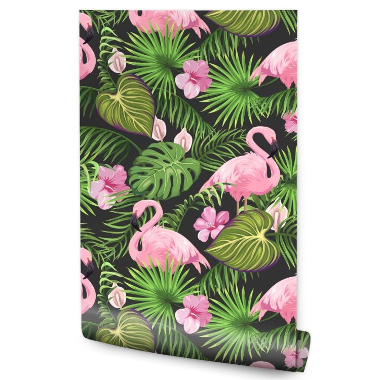 Tapeta Tropikalna - Flamingi, Liście I Kwiaty