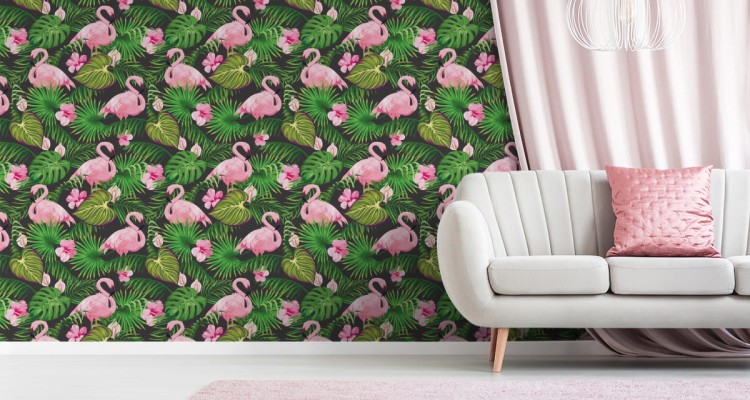 Tapeta Tropikalna - Flamingi, Liście I Kwiaty