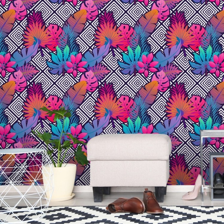 Tapeta Liście Na Wzorach Geometrycznych