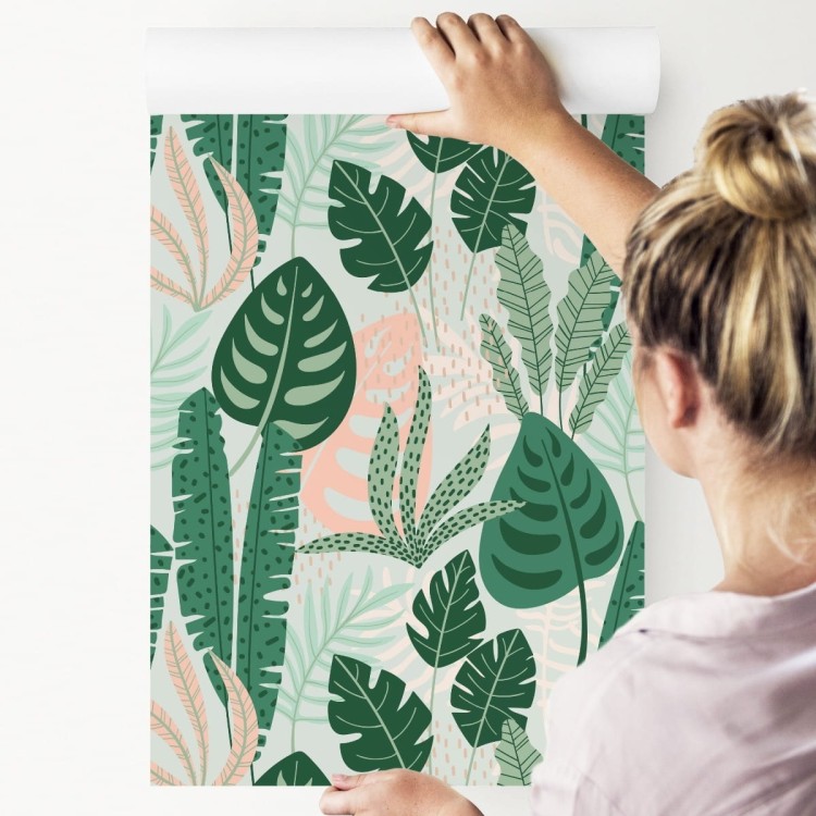 Tapeta Zielone I Różowe Liście