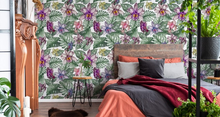 Tapeta Kolorowe Kwiaty Orchidei I Liście Monstery