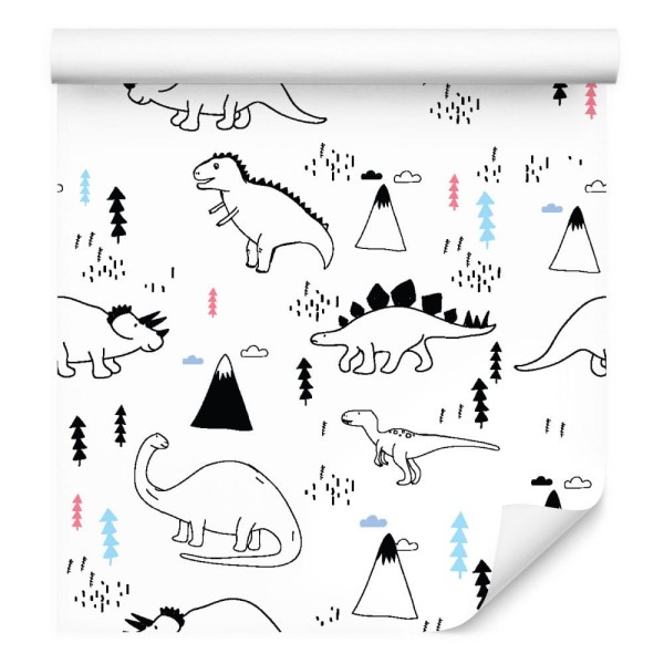 Tapeta Dla Dzieci, Dinozaury, Chmury, Góry, Drzewa