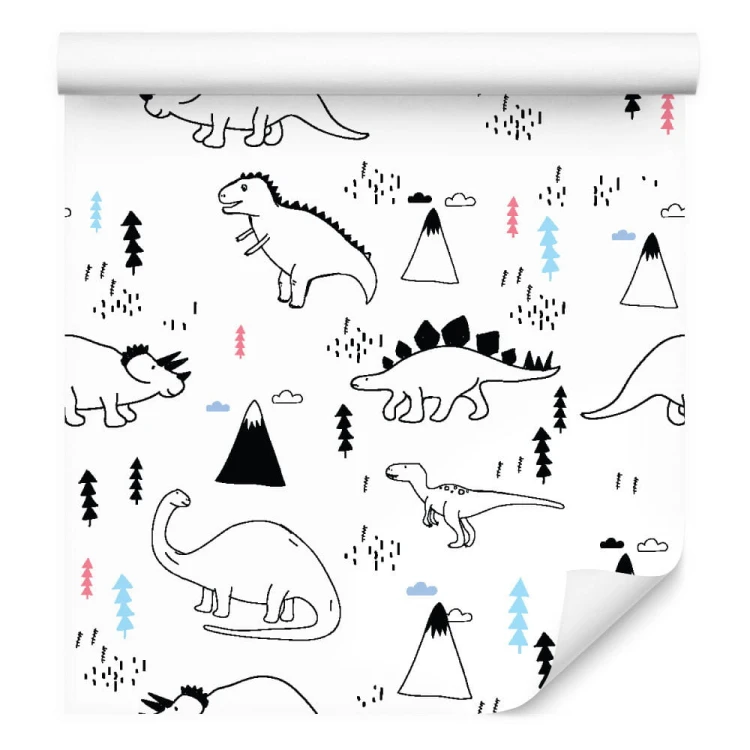 Tapeta Dla Dzieci, Dinozaury, Chmury, Góry, Drzewa