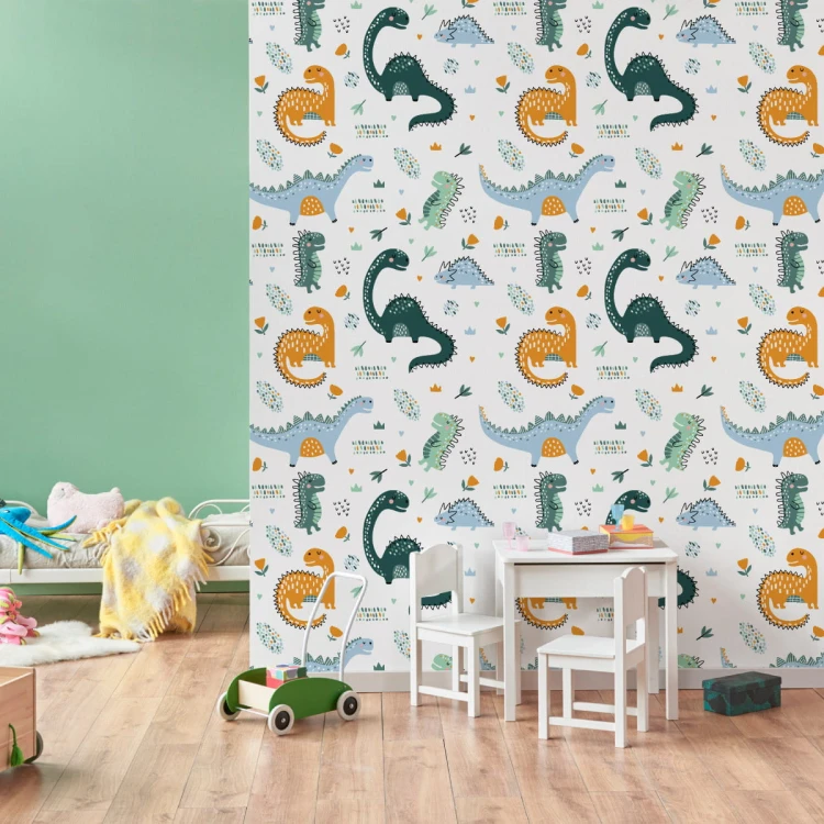 Tapeta Do Pokoju Dziecka Dinozaury, Liście, Kwiaty