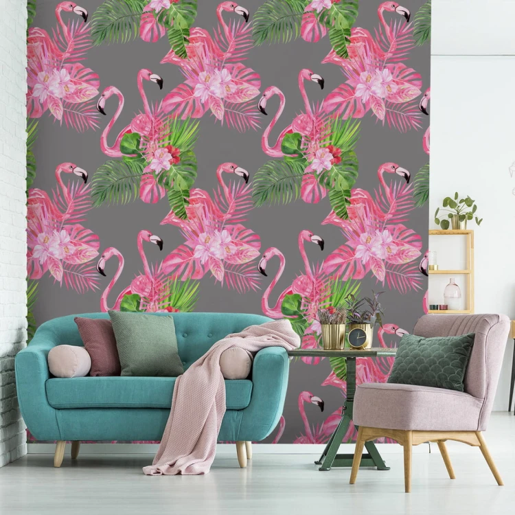 Tapeta Do Salonu, Flamingi, Ptaki, Zieleń, Liście