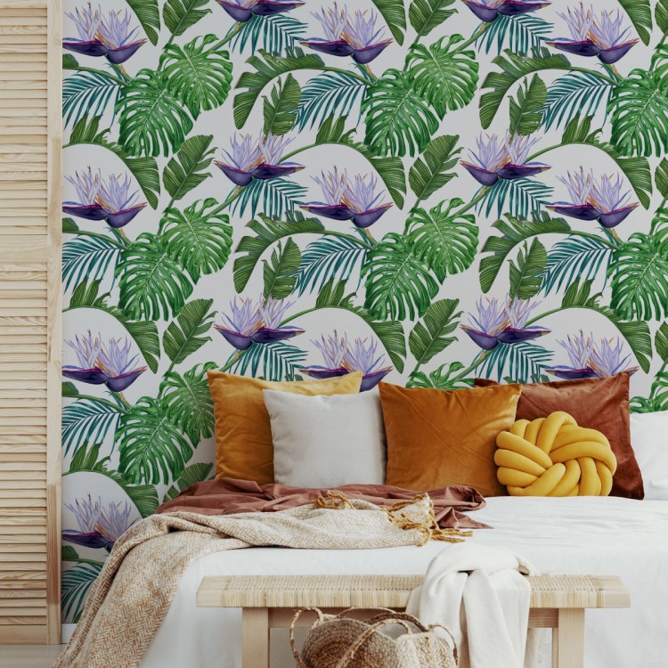 Tapeta Fioletowe Kwiaty Z Liśćmi