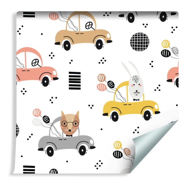 Tapeta Dla Dzieci - Kolorowe Autka I Wesołe Leśne Zwierzątka