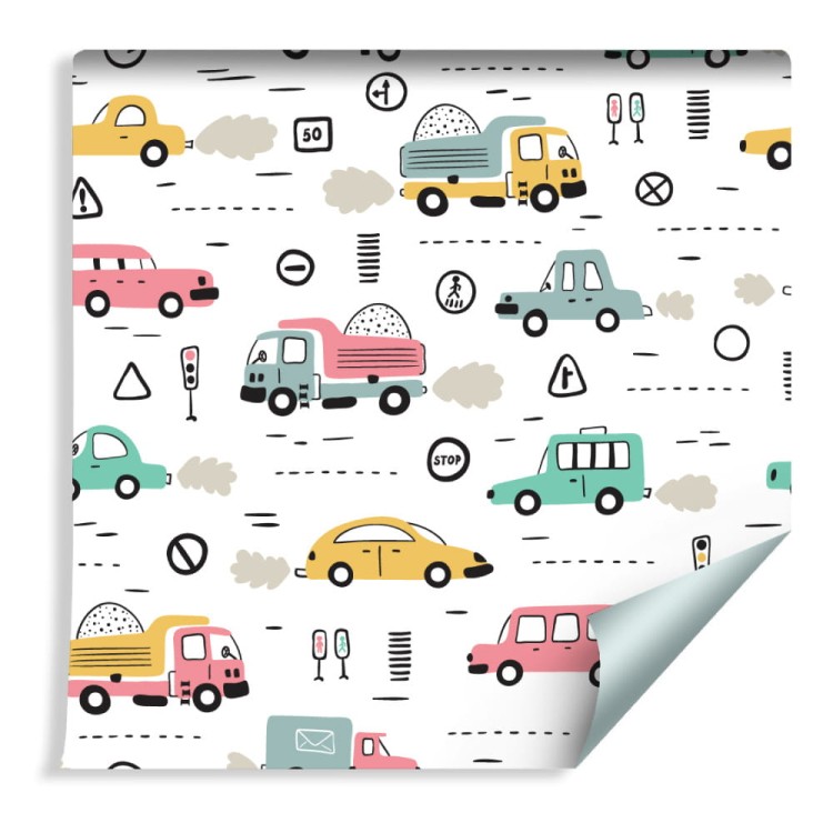 Tapeta Dla Dzieci - Kolorowe Auta W Stylu Skandynawskim