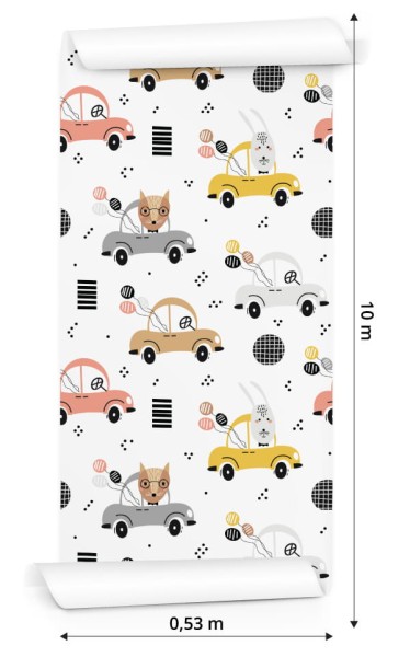 Tapeta Dla Dzieci - Kolorowe Autka I Wesołe Leśne Zwierzątka