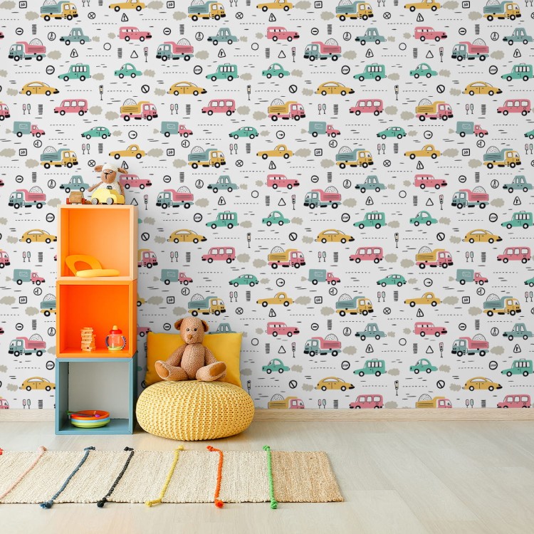 Tapeta Dla Dzieci - Kolorowe Auta W Stylu Skandynawskim