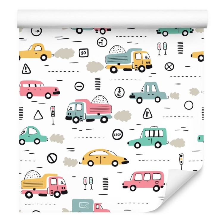 Tapeta Dla Dzieci - Kolorowe Auta W Stylu Skandynawskim