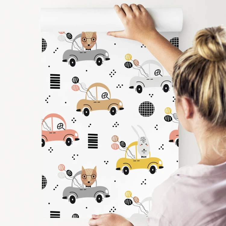 Tapeta Dla Dzieci - Kolorowe Autka I Wesołe Leśne Zwierzątka