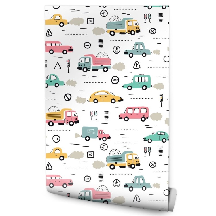 Tapeta Dla Dzieci - Kolorowe Auta W Stylu Skandynawskim