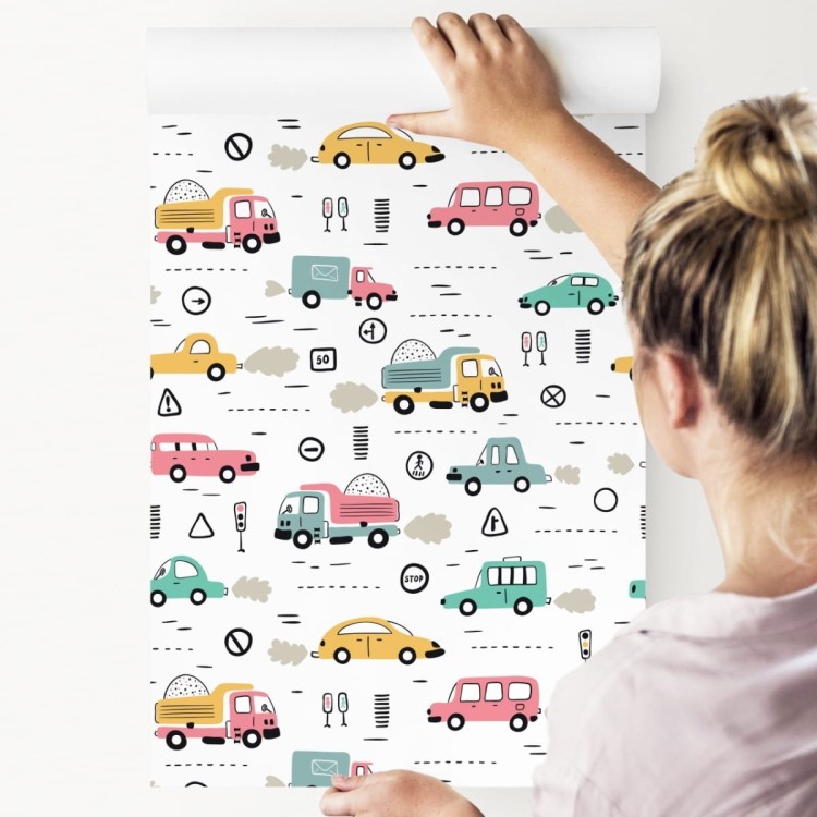 Tapeta Dla Dzieci - Kolorowe Auta W Stylu Skandynawskim