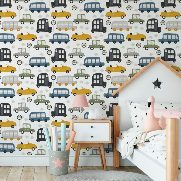 Tapeta Dla Dzieci - Kolorowe Autka I Znaki Drogowe