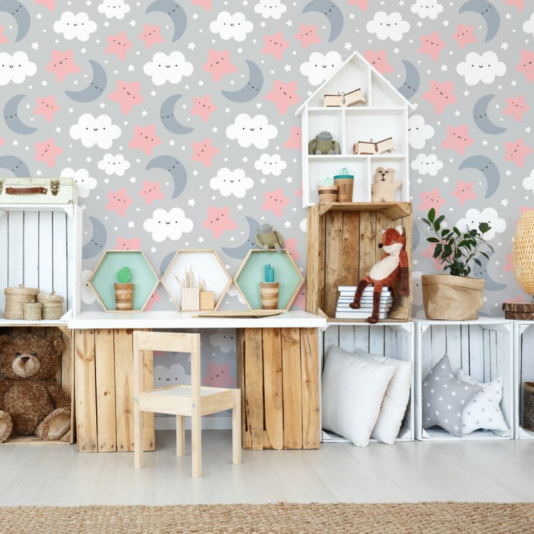 Tapeta Dla Dzieci – Uśmiechnięte Chmurki I Gwiazdki